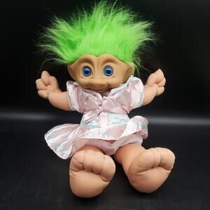 Russ Troll Doll Green Hair Pink Satin Dress Plush Body Heart Gem 16" Vintage